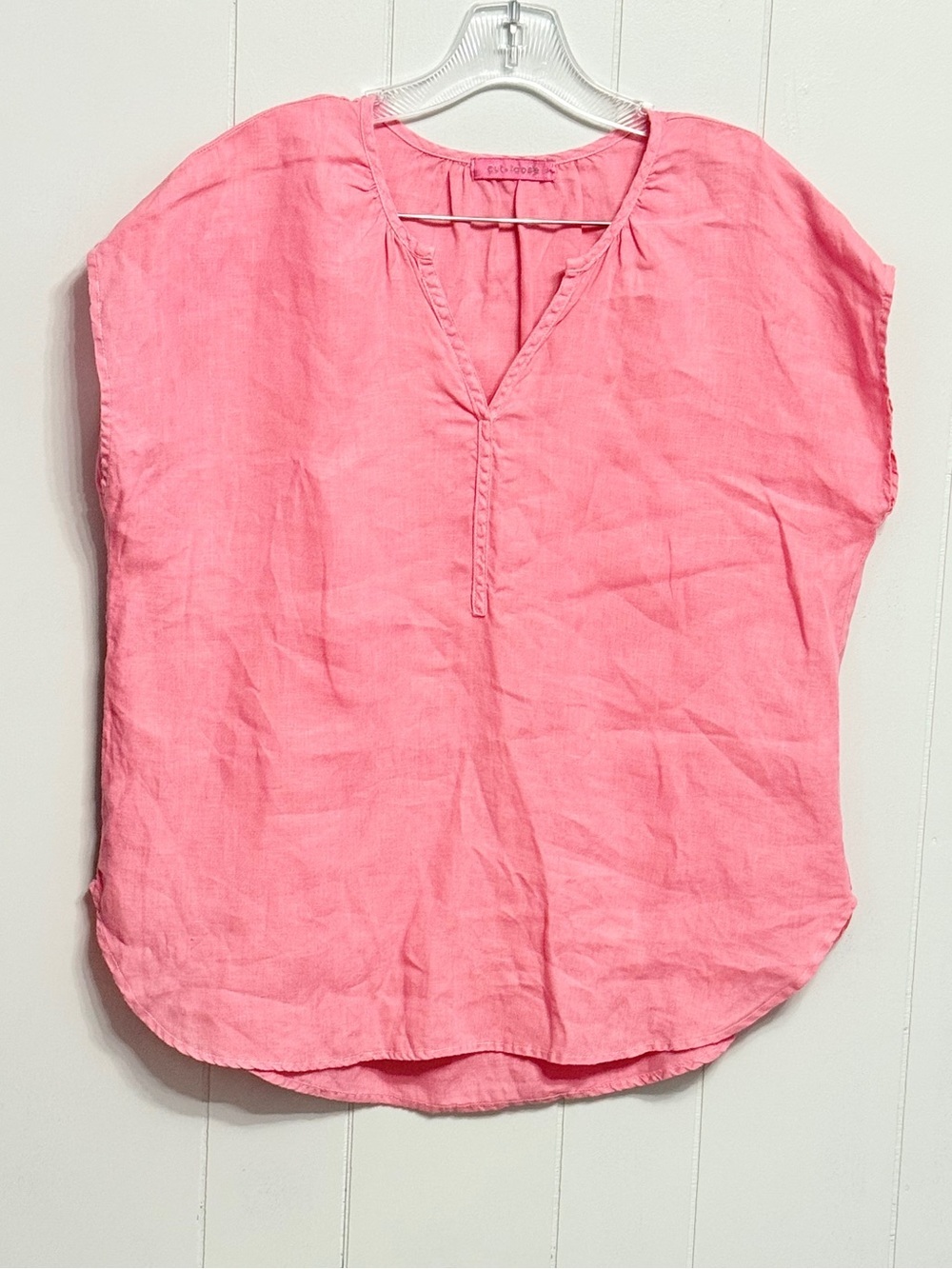 #7)  cut loose Coral-Pink V-Neck Linen Top